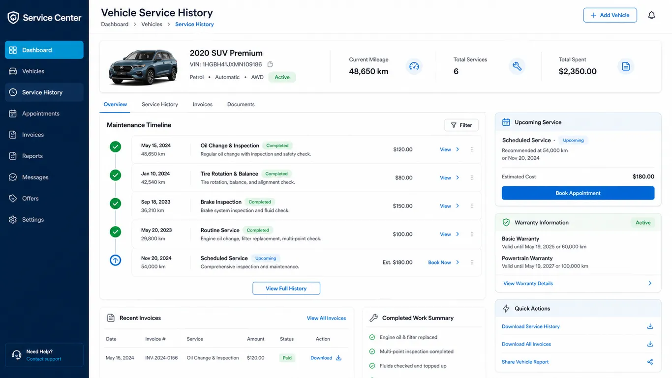 خدمات وصيانة السيارات — Car Service History