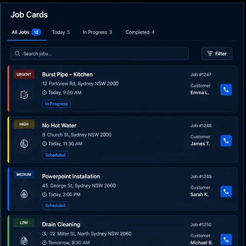 Plumbing & Electrical — Trades Job Cards